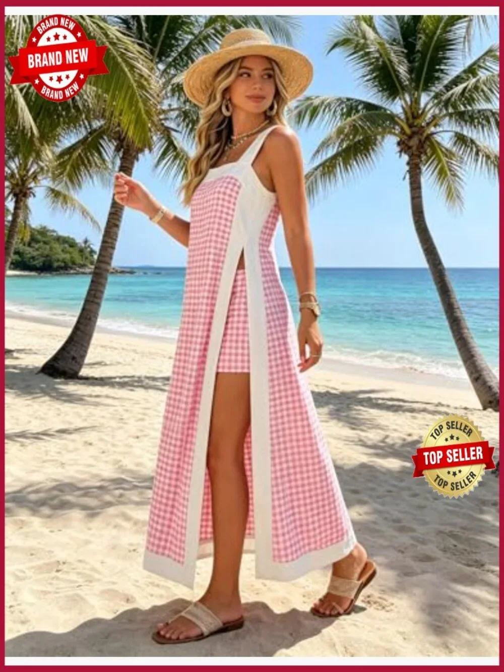 Women's 2 Piece Sets Sleeveless Plaid Maxi Dress with Matching Shorts